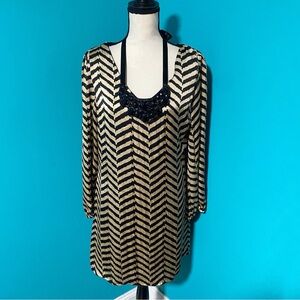 Takara XL Brown Black Chevron Printed Statement Necklace Shift Dress